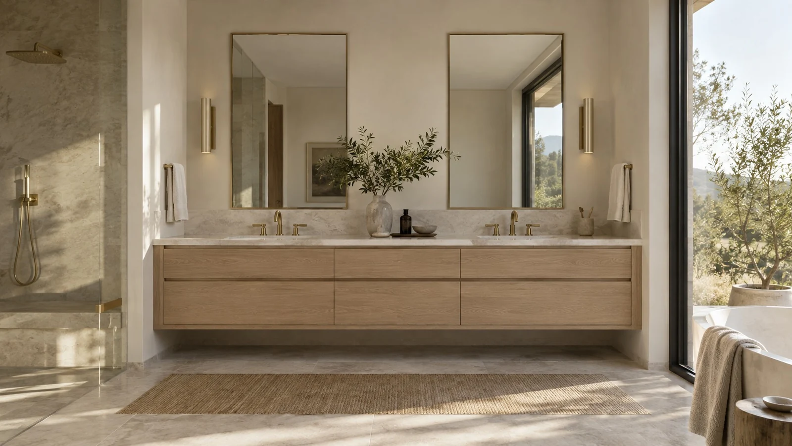 Design study of a pale-wood double vanity and tall mirrors