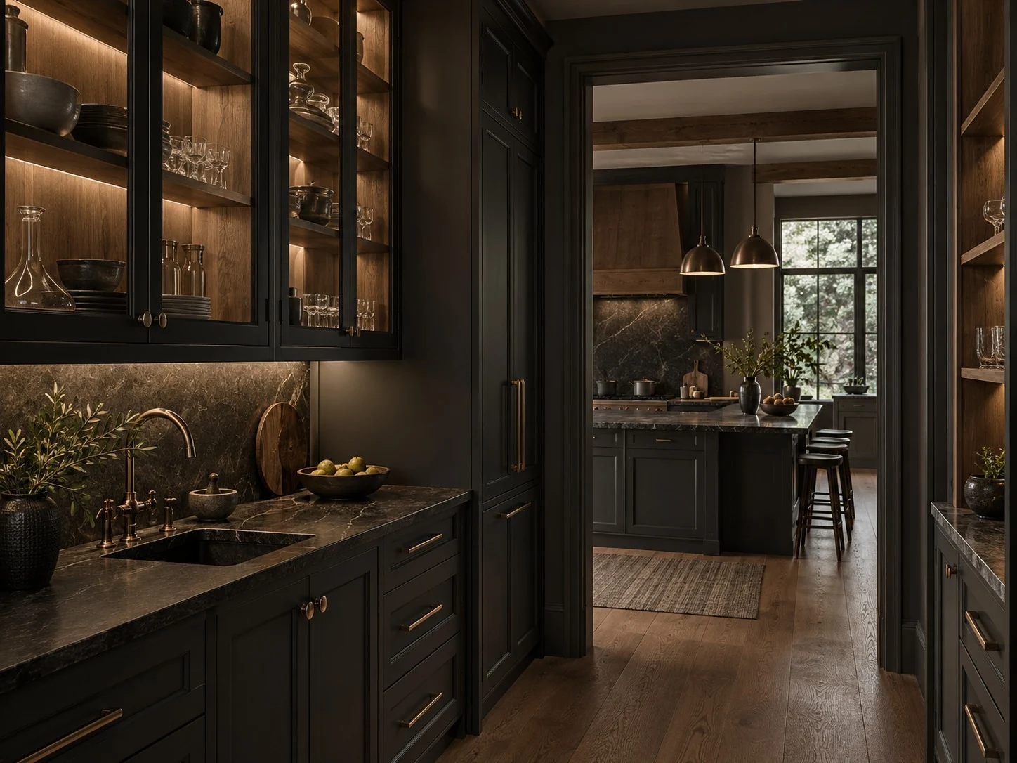 Design study of a charcoal pantry with illuminated glass-front cabinetry