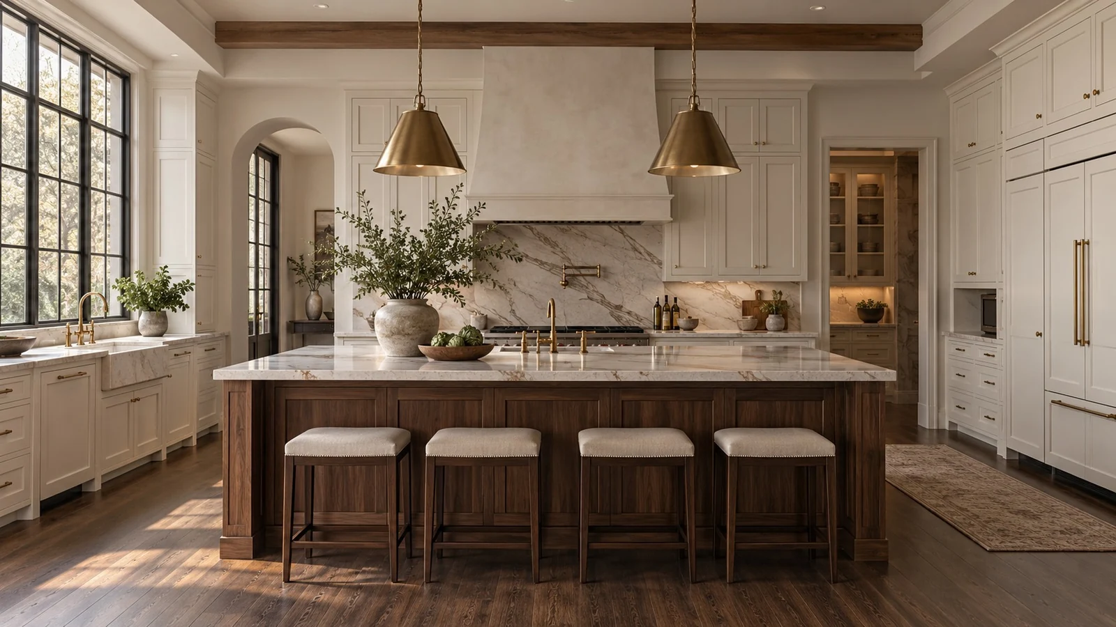 Design study of a warm-white kitchen with a wood island