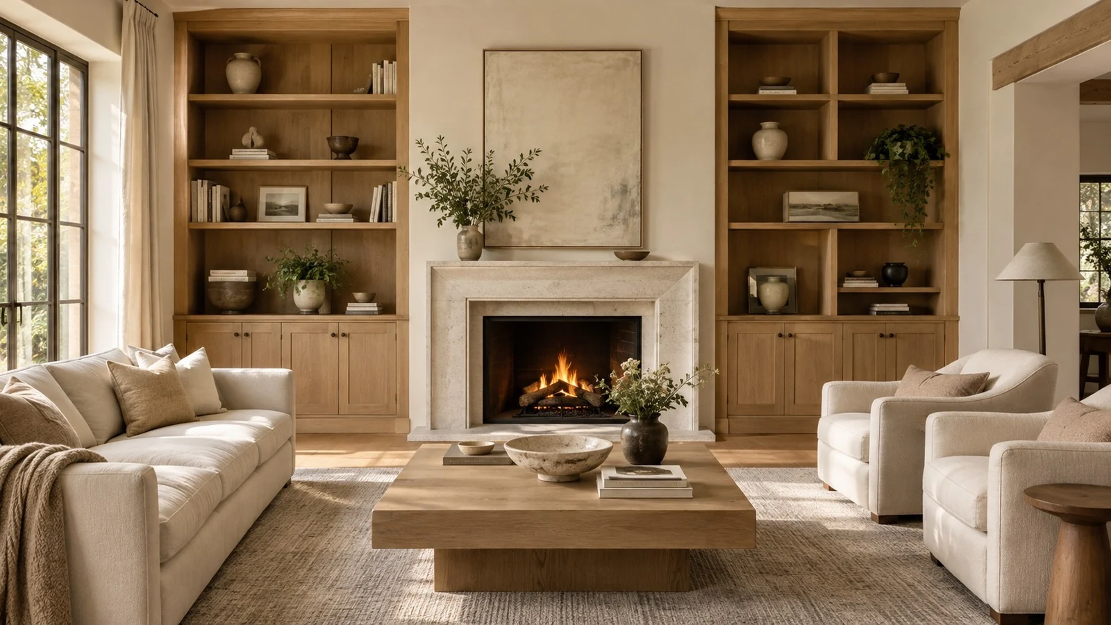 Design study of wood shelving and cabinets beside a fireplace